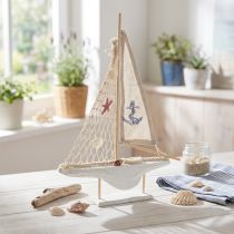 Itens Decoração veleiro madeira pinho sobre base natural branco H39cm