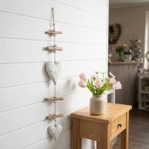Itens Cabide decorativo de madeira redondo corações de madeira branco natural Alt.85cm
