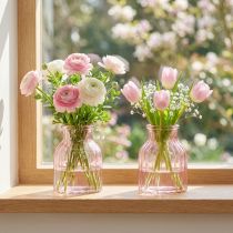 Itens Vaso de vidro para flores, estilo retrô, com tonalidade rosa, Ø11cm, A14,5cm, conjunto com 2 peças.