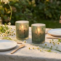 Itens Lanterna de vidro decorativa verde branco motivo prado Alt.12,5cm 2 peças