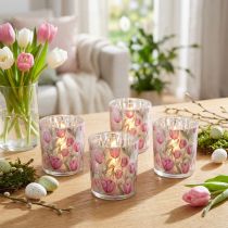Itens Lanterna decorativa de vidro com design de tulipa para decoração de primavera, 8 cm, conjunto de 4 peças.