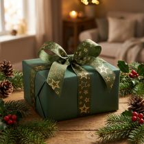 Itens Fita decorativa de Natal com estrelas verde ouro W25mm L15m