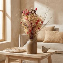 Itens Buquê de flores secas estilo boho com morango, cardo e centáurea em vermelho desbotado, aparência realista, 150g