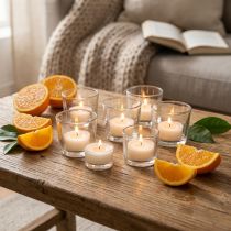 Itens Velas perfumadas laranja, aroma de luzes de chá, vela aromatizante de ambiente Ø3,8cm Alt.2,3cm branca 18 unid.
