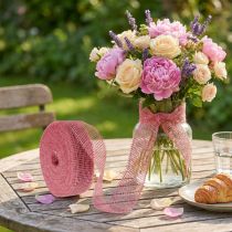 Itens Fita de juta rosa, 5 cm de largura, 40 m de comprimento.