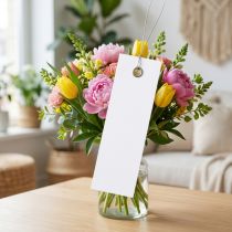 Itens Etiquetas brancas para pendurar, 18x60mm, com fio de metal, resistentes às intempéries, ideais para arranjos florais e identificação de presentes, pacote com 250 unidades.