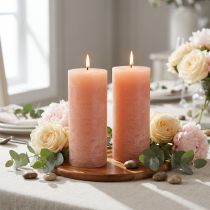 Itens Conjunto de 2 velas de pilar, design pêssego, 85x200mm - Longa duração, cera colorida por toda a sua extensão para decoração e relaxamento.