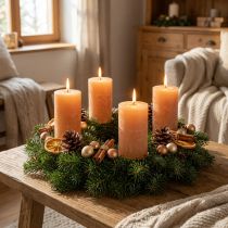 Itens Velas de pilar laranja e pêssego, 70x120mm, totalmente coloridas, longa duração, conjunto de 4 para decoração do Advento.