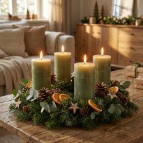 Itens Conjunto de 4 velas cilíndricas verde-oliva sólidas, 60×100mm, estilo campestre, boho, Advento.