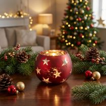 Itens Lanterna de vidro tealight vidro com estrelas vermelhas Ø9cm H7cm
