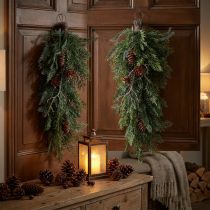 Itens Galhos de Natal artificiais para pendurar, decoração de galhos de pinheiro, galhos de cipreste com pinhas, guirlanda de porta, decoração de parede, decoração de janela, plástico, durável, 60 cm