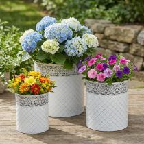 Itens Vaso de plantas com padrão de renda, recipiente de metal, balde decorativo, branco, prateado, estilo shabby chic, A28/25,5/23,5cm, Ø29,5/25,5/20cm, conjunto de 3