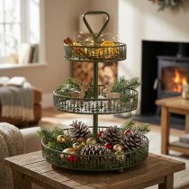 Itens Suporte de servir de metal com três níveis, verde, decoração de pinheiro, redondo, 49 cm