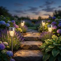 Itens Luzes solares de jardim LED com temporizador, branco quente, 35 cm de altura, conjunto de 4 peças.