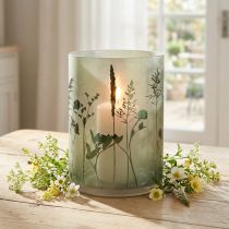 Itens Lanterna grande de vidro decorativo em prado branco com motivo verde Alt.24cm