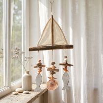 Itens Sino de vento veleiro decoração peixe madeira branco natural H56cm