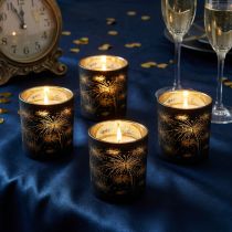 Itens Conjunto de 6 lanternas de vidro, pretas e douradas, com design de fogos de artifício, decoração festiva, 9 cm