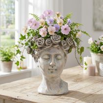 Itens Vaso de flores com rosto de mulher, busto e cabeça de planta em aparência de concreto, 18 cm de altura.