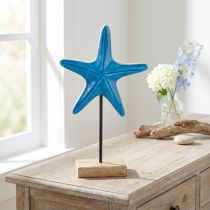 Itens Decoração estrela do mar sobre base madeira azul natural marítima H25cm