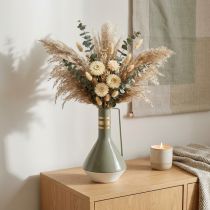 Itens Jarro decorativo vintage em metal com alça, nas cores cinza e dourado, Ø18cm A33cm, ideal para flores secas e plantas artificiais.