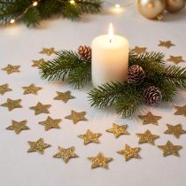 Itens Mini estrelas douradas com glitter de 2,5 cm, pacote com 96 unidades.