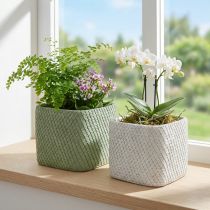 Itens Plantador de cerâmica branco verde relevo malha 17x17cm H15cm 2pcs