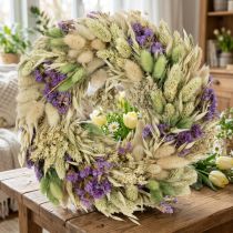 Itens Coroa de flores secas para primavera e verão, para mesa e porta de entrada, para ocasiões especiais com detalhes coloridos, 26 cm