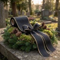 Itens Fita decorativa elegante em moiré para coroas de flores, 175 mm, preta com borda perolada e trama de tafetá, fita decorativa para arranjos florais funerários, fita para laços, 25 m