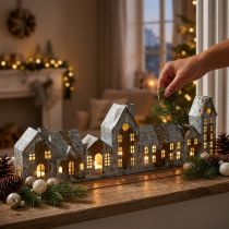 Itens Casinhas iluminadas, decoração de janela, luminárias prateadas, lanterna de metal com aparência antiga, 67,5 cm de comprimento x 20 cm de altura.