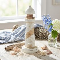 Itens Farol de madeira para decoração marítima, branco natural, Ø10,5cm A28,5cm
