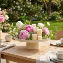 Itens Bandeja decorativa redonda na cor creme, 30 cm, com suporte para decoração de mesa.