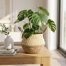 Itens Cesto de fibra de junco bicolor com alças - Cesto para armazenamento e plantio - Natural e marrom Ø25cm A24cm