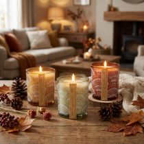 Itens Velas perfumadas em vidro com tampa de madeira de sândalo Alt.8,5cm 3 un.