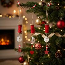 Itens Carretel de linha para decorações de Natal para pendurar 4 peças vermelhas