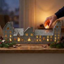 Itens Fileira de casas, decoração metálica para iluminação, decoração de Advento, lanterna prateada L52cm A20cm