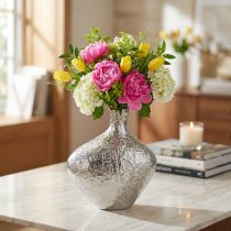 Itens Vaso decorativo metal martelado flor prata 24x8x27cm