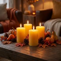 Itens Velas Pilar Rústicas Amarelas 80x110mm Pacote com 4 Velas Seguras - Tempo de queima 57h, Qualidade RAL