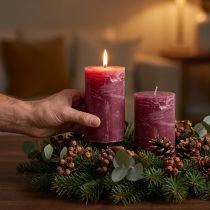 Itens Velas cilíndricas vermelhas, cor de frutos silvestres, tingidas por completo, velas decorativas 85×150mm, conjunto de 2, versáteis