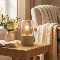 Itens Abajur de mesa LED estilo retrô, branco quente e verde, 19,5 cm de altura.