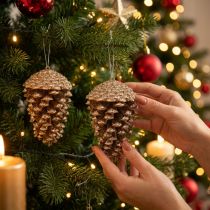 Itens Pinhas douradas com glitter, 13 cm, 4 unidades, enfeites para árvore de Natal.