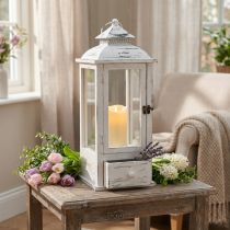 Itens Lanterna decorativa vintage com gaveta branca 20×20cm Alt.51cm