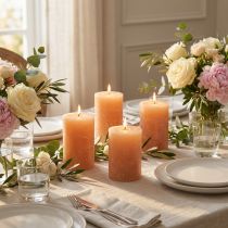 Itens Velas de cor sólida, velas cilíndricas em tons de laranja e pêssego, 70x80mm, conjunto de 4, cores decorativas e modernas.