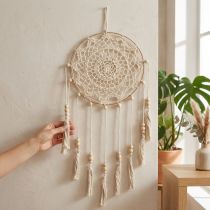 Itens Apanhador de Sonhos em Macramê para Pendurar na Parede, Estilo Boho Chic, Feito à Mão, Cor Creme, Ø22cm A54cm