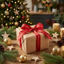 Itens Fita de Natal vermelha com letras douradas 'Feliz Natal', largura 25 mm, comprimento 20 m