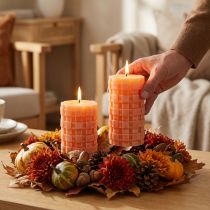Itens Velas de pilar rústicas laranja com padrão de trama de cestaria 110/65 – Pacote com 2 velas de cera premium, autoextinguíveis