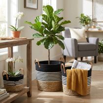 Itens Conjunto de 3 cestos de arrumação com pegas, cesto para plantas e recipiente de arrumação, preto e branco, acabamento natural, empilháveis, Ø32/28/23cm, A30/25/19cm
