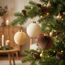 Itens Enfeites de Natal com aparência aveludada, em cores quentes variadas, 8 cm, 12 peças.