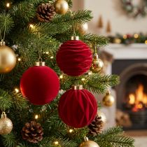 Itens Enfeite de Natal, superfície aveludada, vermelho, 8 cm, 12 peças
