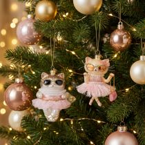 Itens Enfeites de vidro em forma de gato com tutu para decoração de árvore de Natal, 11 cm, 2 peças.