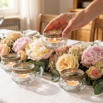 Itens Castiçais de vidro para velas pequenas com aro decorativo de metal, 6 cm, conjunto de 4 peças